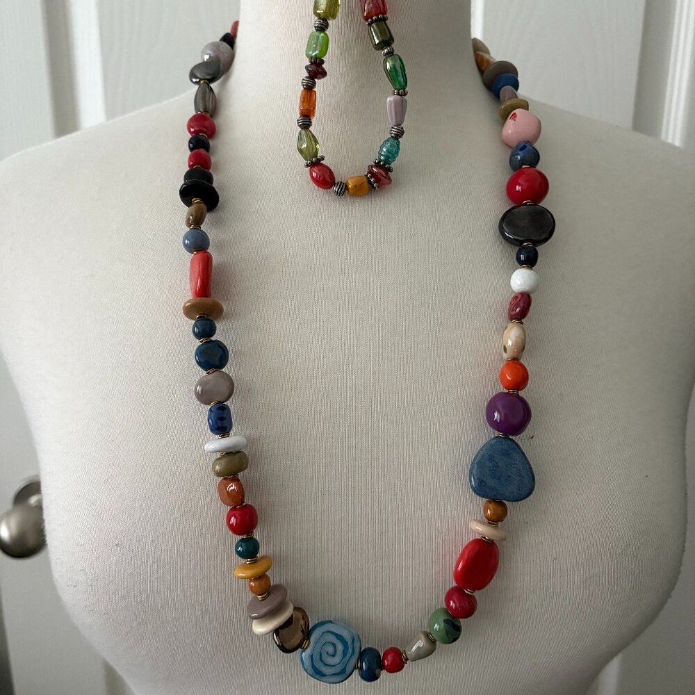 Handcrafted Colorful Ceramic Bead Necklace and Bracelet Set